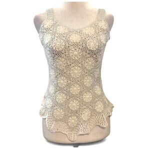 Y2K Cream Silver Crochet Tank Top Handmade Boho Small